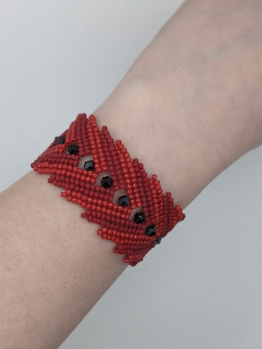 Red Seed Bead  Bracelet with Black Accent Beads